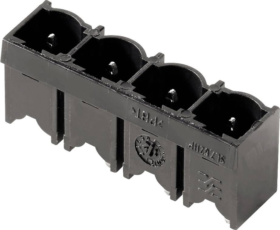 Schwarze, mehrfache Steckverbindung für elektronische Bauelemente, weist vier aneinander gereihte Anschlüsse auf.