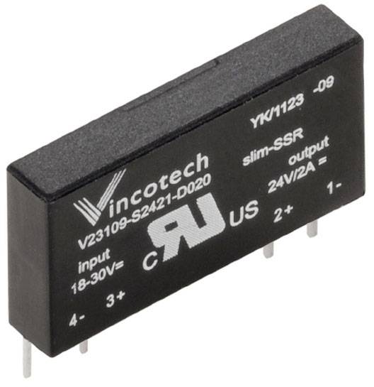 Ein schwarzes elektrisches Bauteil mit vier Pins, markiert mit 'Vincotech', Spannungsbereich '18-30V~', Ausgang '24V/2A', Typ 'slim-SSR'.