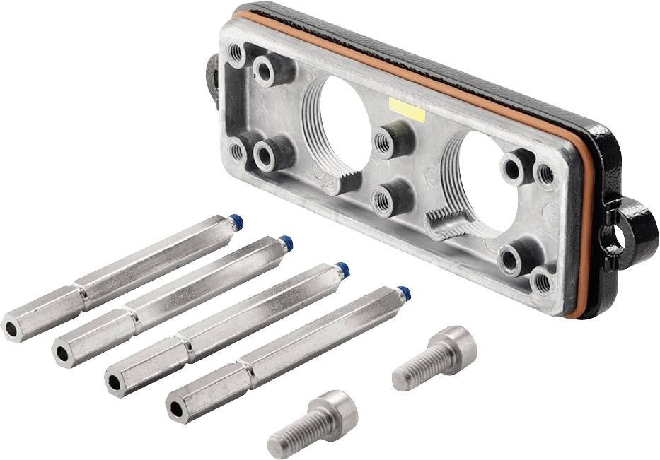 Metallplatte mit zwei Öffnungen und Dichtungsring, begleitet von vier langen Bolzen und zwei kurzen Schrauben, auf weißem Hintergrund.