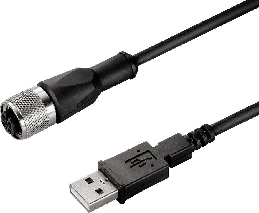 Ein USB-Kabel verbindet sich mit einem männlichen Steckverbinder, der eine metallene Schraubverbindung aufweist.
