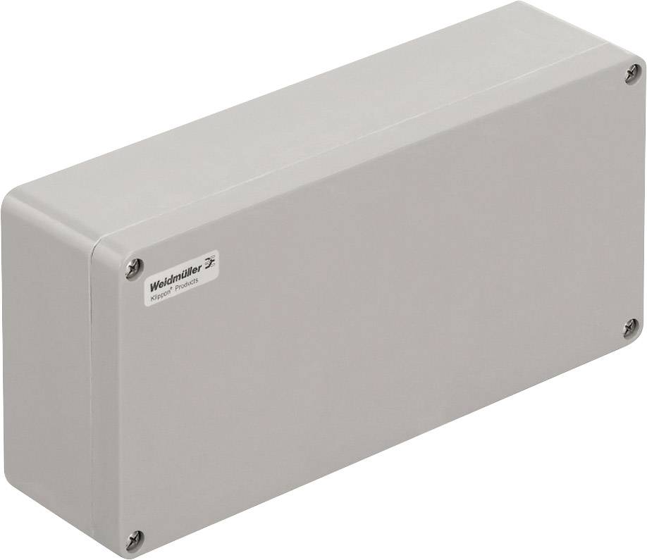 Eine rechteckige, graue Anschlussbox mit Schrauben an den Ecken. Ein Etikett mit der Aufschrift 'Weidmüller' ist sichtbar.