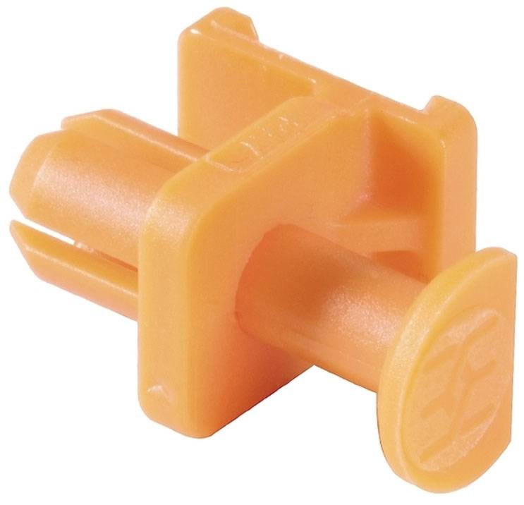 Ein orangefarbenes Kunststoffteil mit zylindrischem Stift und rechteckiger Basis. Möglicherweise ein Befestigungselement oder Verbinder.