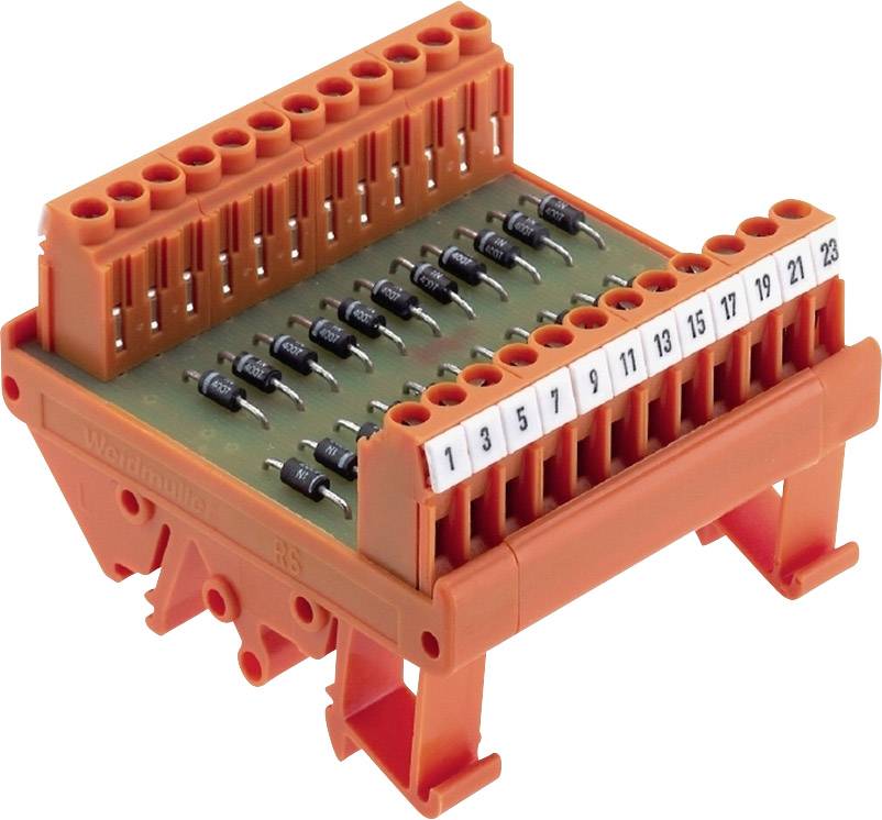 Elektrischer Orangenschaltblock mit 23 nummerierten Anschlussklemmen und schwarzen Dioden. Geeignet für Stromverteilung in Schaltschränken.