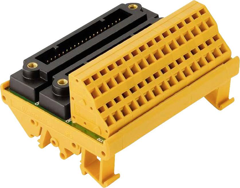 Ein gelber Steckverbinder mit mehreren Anschlussmöglichkeiten und einem schwarzen Einsatz liegt auf der Seite und ist für die industrielle Anwendung geeignet.
