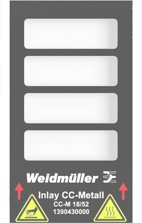 'Weidmüller' Beschriftung auf grauem Hintergrund mit vier leeren weißen Feldern und zwei gelben Warnsymbolen unten.