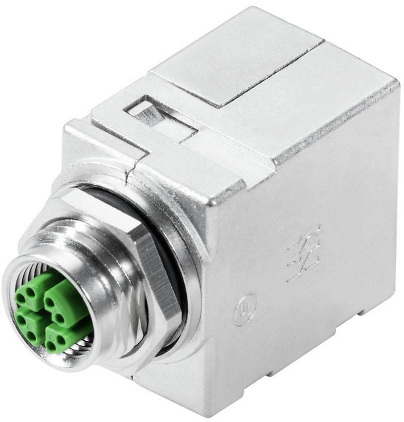 Stecker mit Metallgehäuse, sechs grüne Pins; Komponente zur elektrischen Verbindung.