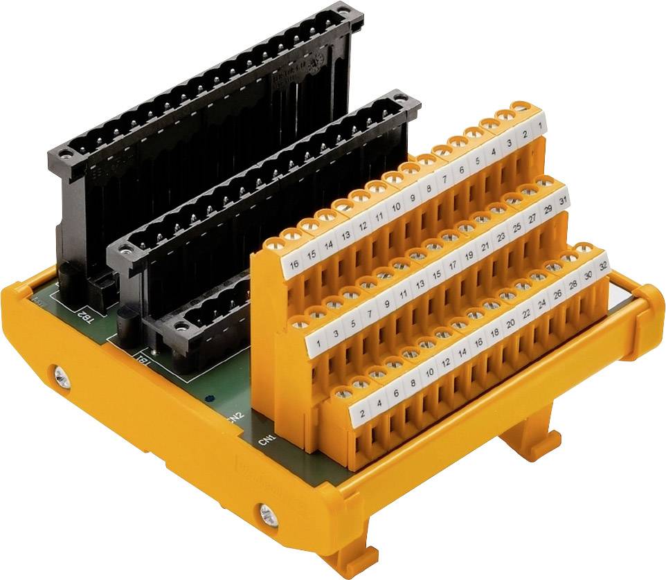 Elektronisches Steckverbindermodul mit schwarzen und orangenen Bausteinen, nummerierte Anschlüsse für kabelgebundene Verbindungen.