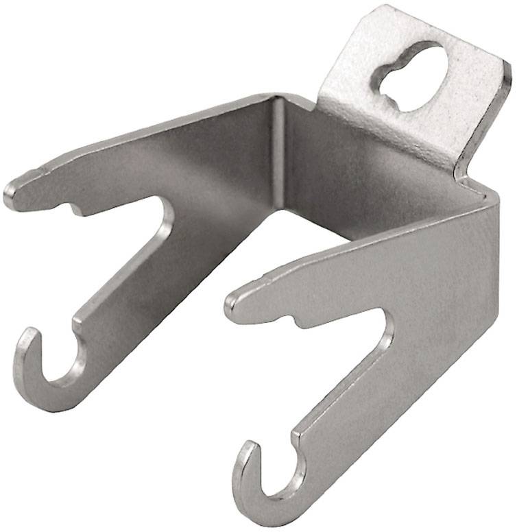 Metallhalterung mit zwei Haken und einer Öffnung zur Wandmontage, geeignet für schwere Infokästen oder Schilder.