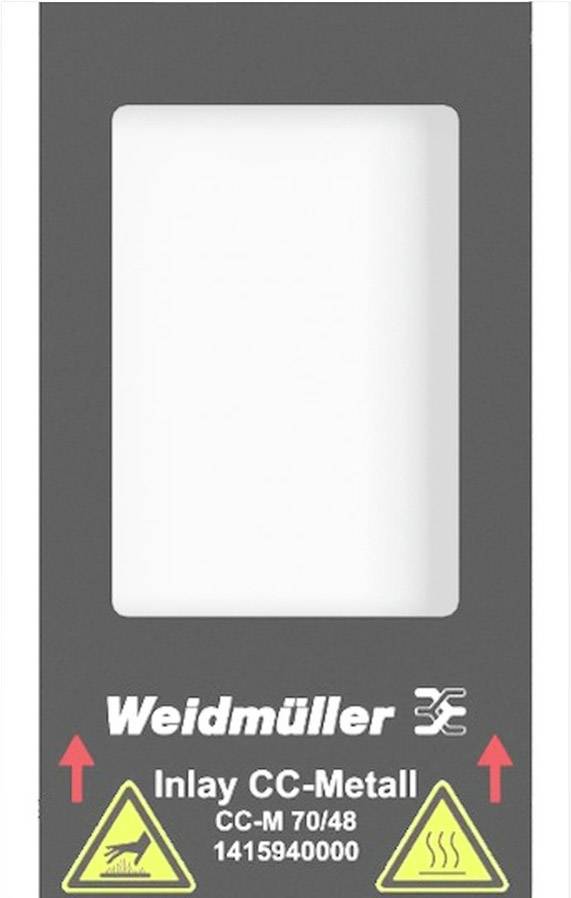 Abnehmbarer Einsatz für Weidmüller-Geräte mit 'CC-Metall', 'CC-M 70/48', '1415940000', und Warnsymbole für elektrische Gefahren.