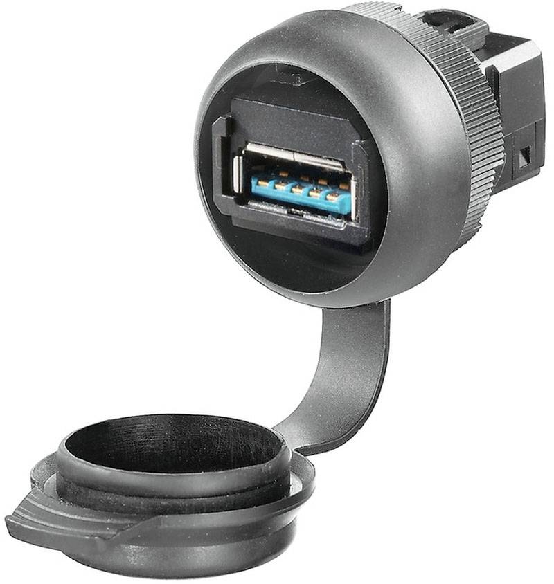 Runde USB-Buchse mit Schutzkappe, Kabel sichtbar. Eignet sich für den Einbau in Geräte zur Verbindung mit externen USB-Geräten.
