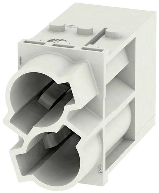 Zweipoliger, weißer Steckverbinderblock mit nummerierten Eingängen für elektrischen Anschluss. Geeignet für industrielle Anwendungen.