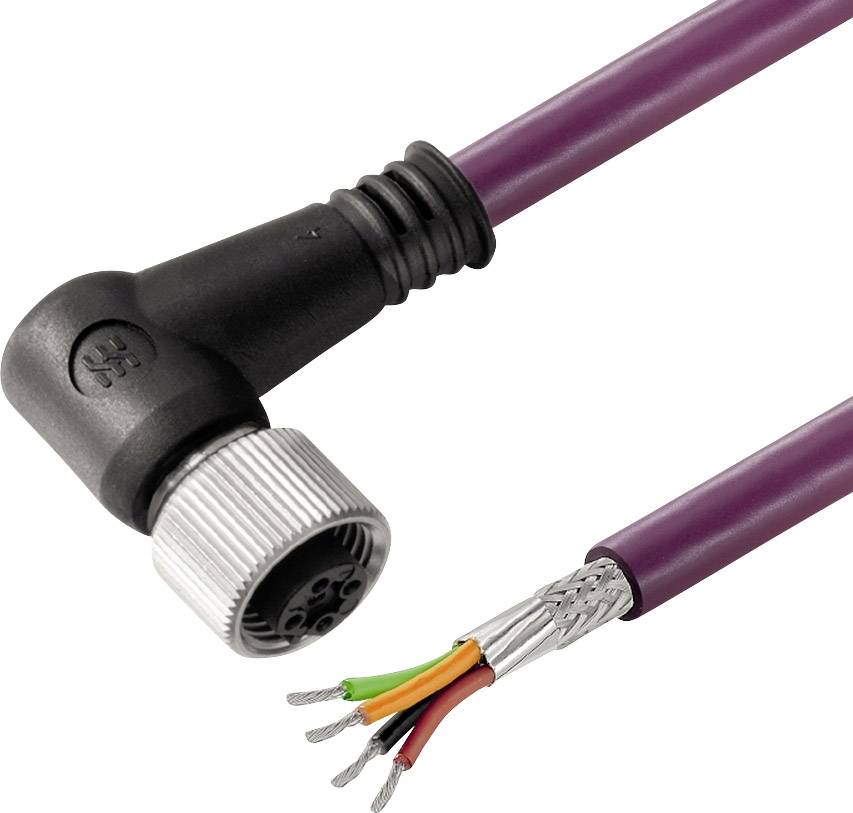 Lila Kabel mit abgewinkeltem Stecker und abisoliertem Ende, sichtbar sind vier farbige Drähte. Geeignet für industrielle Anwendungen.