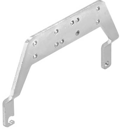 Metallhalterung mit mehreren Bohrlöchern, symmetrisch geformt. Eignet sich zur Befestigung an einer Oberfläche oder für mechanische Verbindungen.