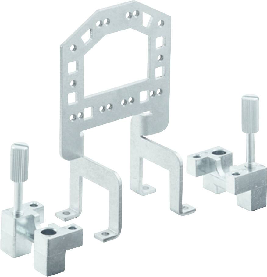Metallhalterung mit zwei Klemmen. Die Halterung hat rechteckige Aussparungen und ist für die Montage von Geräten oder Komponenten geeignet.