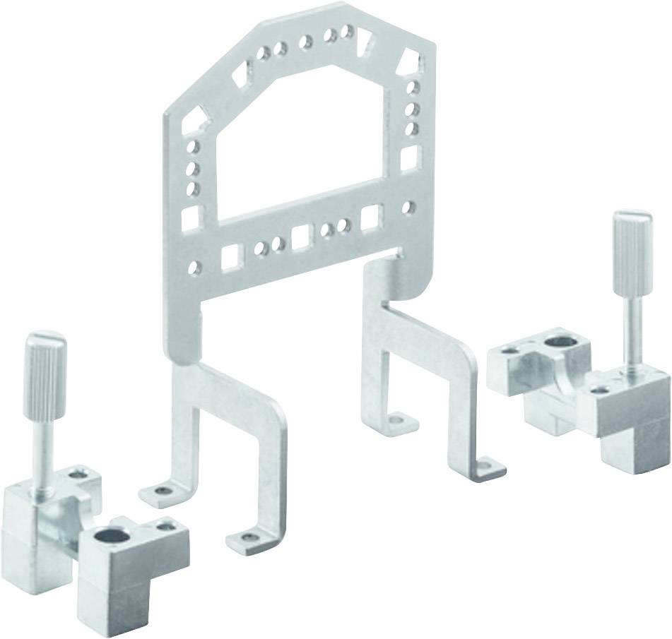 Metallhalterung mit mehreren Befestigungspunkten und zwei einstellbaren Schellen, möglicherweise für technische oder industrielle Anwendungen.