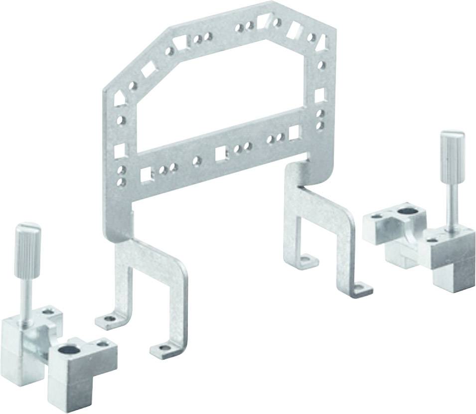 Metallrahmen mit mehreren Halterungen und verstellbaren Klemmen, verwendet zur Befestigung oder Montage von technischen Komponenten.