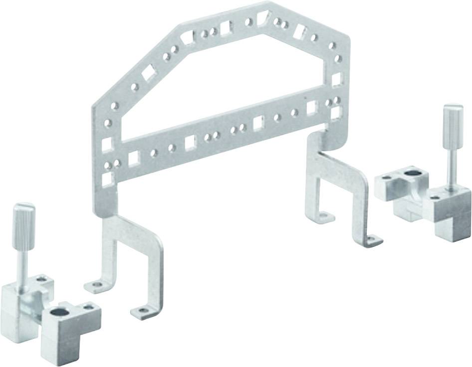 Metallhalterung mit mehreren Befestigungspunkten und zwei seitlichen Schraubklemmen. Geeignet zur Stabilisierung von Bauteilen.
