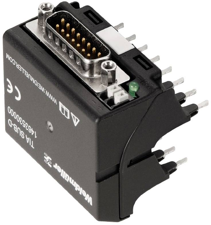 Ein schwarzer Adapter mit mehreren Metallstiften und einem breiten Anschluss, beschriftet mit 'Wieland Electric' und 'TIA SUB-D'.