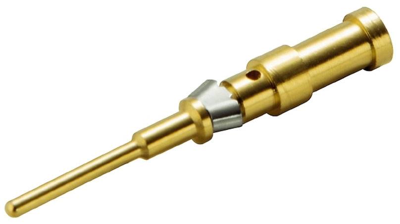 Ein goldener elektrischer Steckverbinder mit schlankem, langem Stift und zylindrischem Gehäuse, häufig in Hochfrequenzanwendungen verwendet.