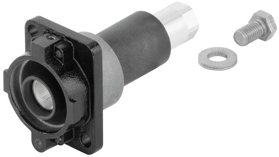 Industrieteil mit schwarzer Metallhülse und silbernem Zylinder, daneben eine Schraube und eine Unterlegscheibe auf weißem Hintergrund.