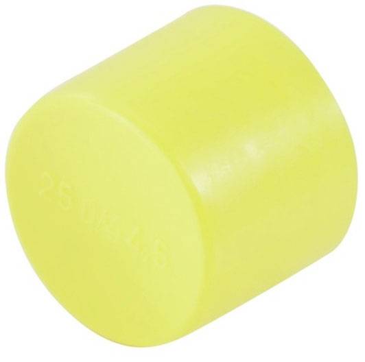 Ein gelber, zylindrischer Kunststoffstopfen mit der Aufschrift '26 M.A/S' an der Seite.