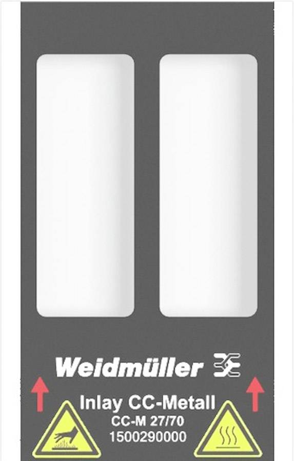 Etikett mit zwei großen weißen Flächen und dem Text 'Weidmüller Inlay CC-Metall CC-M 27/70 1500290000', Warnsymbole unten.