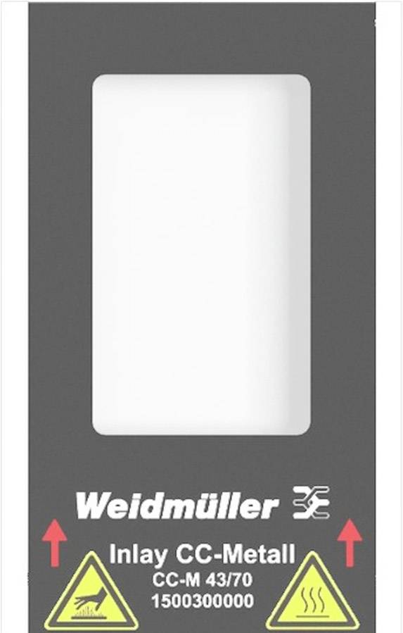 Abbildung zeigt eine graue Abdeckung mit dem Text 'Weidmüller Inlay CC-Metall'. Unten Symbole für elektrische und Hitzegefahr.