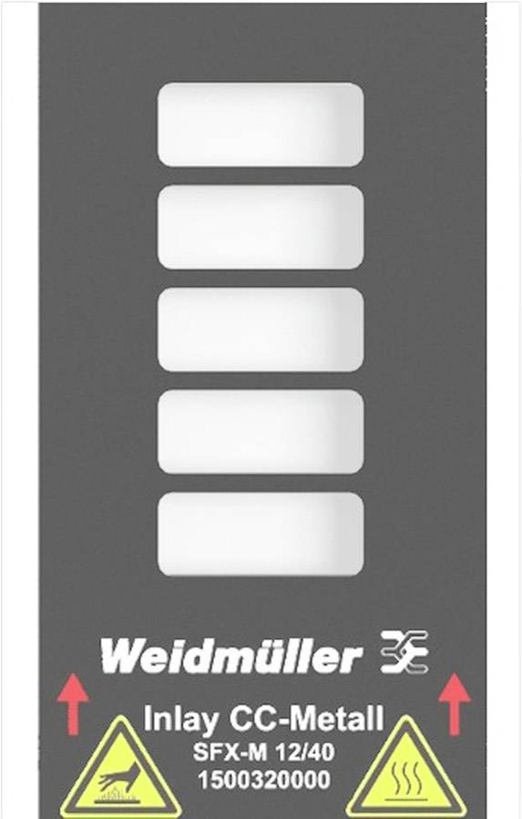 Etikett mit Firmenlogo 'Weidmüller', Beschriftung 'Inlay CC-Metall', Modell 'SFX-M 12/40 1500320000', Warnsymbole für Elektro- und Hitzeschutz.