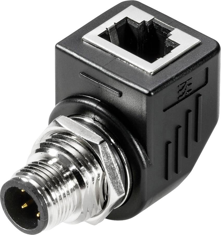 Schwarzer rechteckiger Adapter mit Gewinde, RJ45-Buchse oben und zylindrischem Metallanschluss an der Seite.
