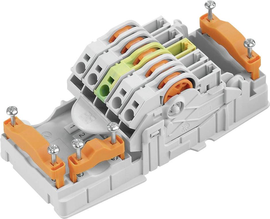 Elektronischer Steckverbinder mit mehreren Klemmen und Schrauben; verwendet für den Anschluss elektrischer Leitungen.
