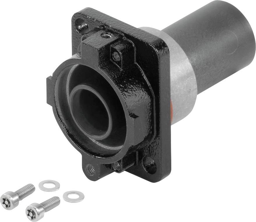 Ein schwarzes Metallrohr mit eckiger Basis und zwei Schrauben mit Unterlegscheiben daneben, möglicherweise ein Teil eines Maschinenbaus.