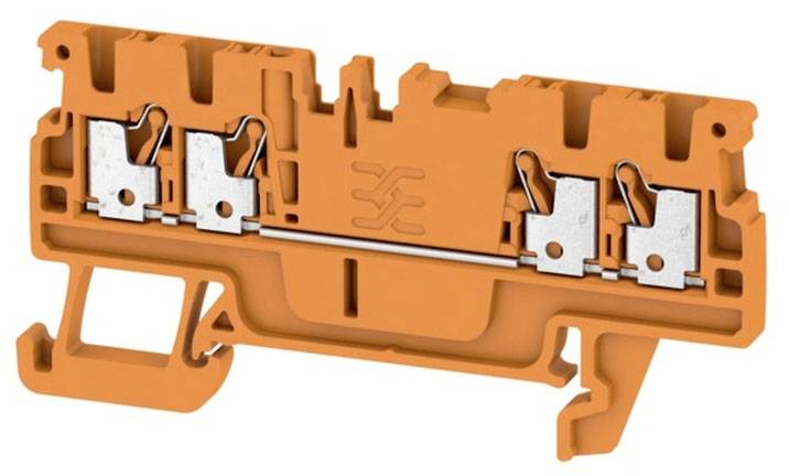 Orange Klemmenblock aus Kunststoff mit integrierten Metallkontakten und Hebelmechanismus zur Befestigung von elektrischen Leitungen.