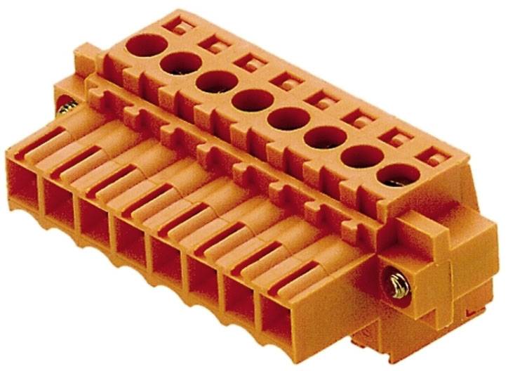 Orangefarbener elektrischer Steckverbinder mit mehreren Anschlussklemmen und Löchern, geeignet für die Integration in ein elektrisches System.