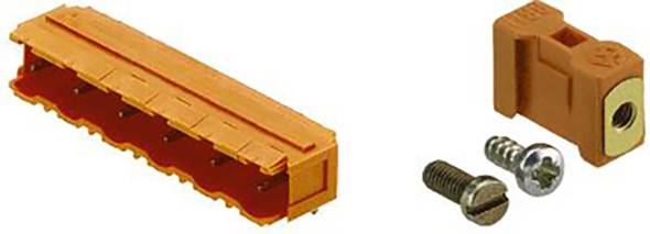 Orange Anschlussklemme mit zwei dazugehörigen Schrauben, für elektrische Verbindungen.