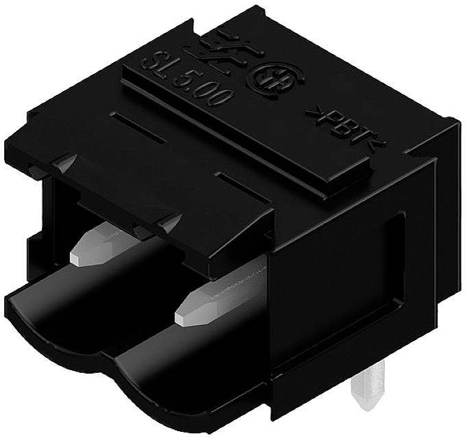 Elektronisches Bauteil mit zwei Metallkontakten und Kunststoffgehäuse, verwendet in elektronischen Schaltungen für Verbindungen.