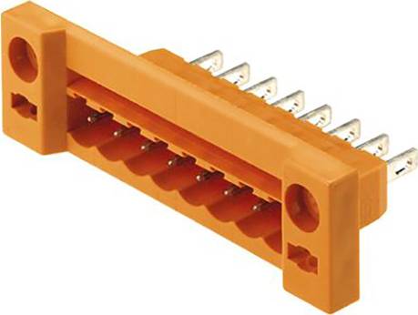 Ein orangefarbener Steckverbinder mit mehreren Metallpins auf der Rückseite, geeignet für elektrische oder elektronische Verbindungen.
