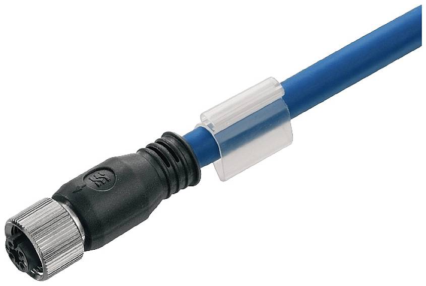 Blaues Kabel mit rundem, schwarzem Steckverbinder und metallischem Gewinde, geeignet für industrielle Anwendungen.