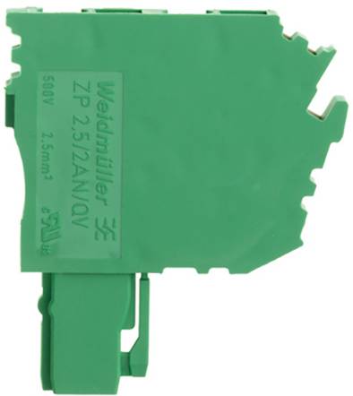Ein grünes elektrisches Steckmodul mit der Aufschrift 'ZP 2.5/2AN/QV 500V 2.5mm²'. Es dient zur Verbindung in elektrischen Netzwerken.