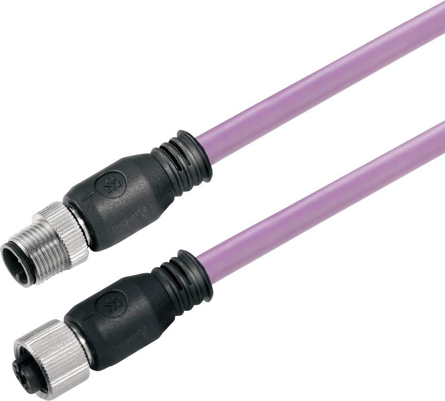 Zwei lila Industriekabel mit schwarzen Steckverbindern und Metallgewinden, geeignet für robuste Anwendungen in der Automatisierungstechnik.