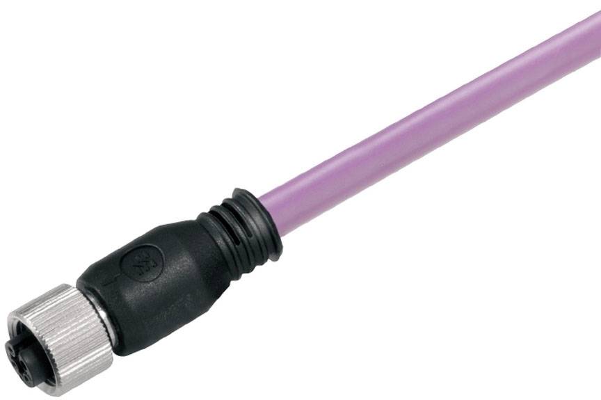 Lila Ethernetkabel mit schwarzem Steckverbinder und Metallschraube, geeignet für industrielle Netzwerkanwendungen.