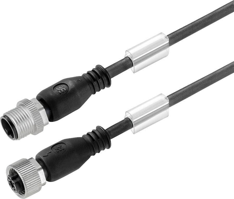 Zwei schwarze Kabel mit Steckverbindungen, jeweils einer männlichen und einer weiblichen, für die industrielle Anwendung.