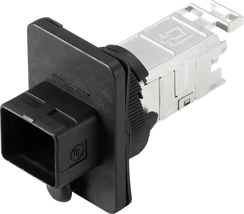 Elektronisches Bauteil mit schwarzem Kunststoffgehäuse und Metallbefestigung, möglicherweise ein elektrischer Schalter oder Sensor.