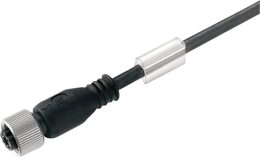 Ein schwarzes elektrisches Kabel mit einem runden Stecker und einer Metallverschraubung am Ende.