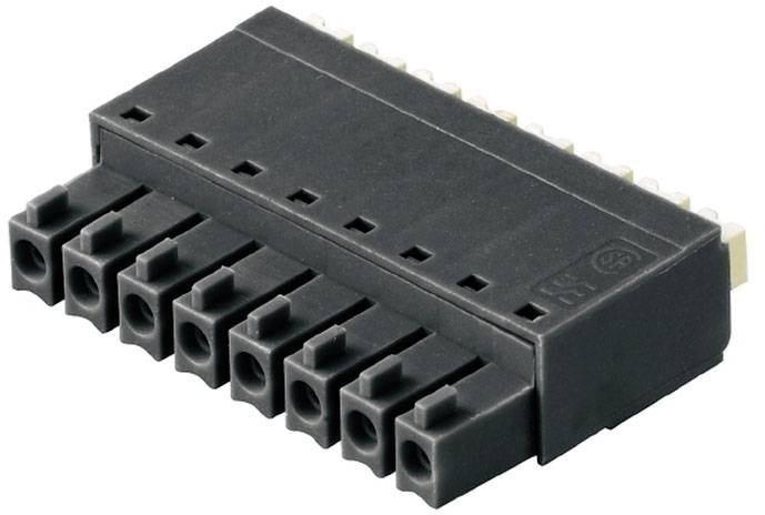 Schwarze elektrische Steckverbindung, flach und rechteckig, mit neun Löchern an der Vorderseite. Für elektronische Anwendungen geeignet.