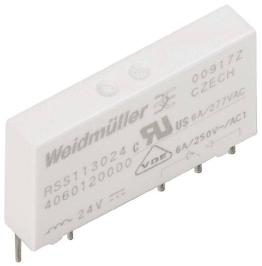 Ein weißes Weidmüller-Relais mit Modellnummer RSS113024. Es ist für 6A/250V~AC geeignet und wurde in der Tschechischen Republik hergestellt.