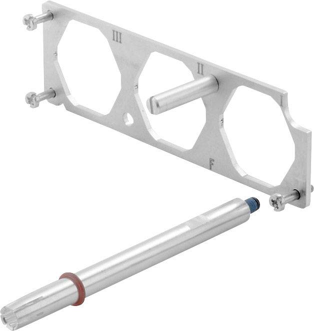 Metallisches Montagewerkzeugset mit einer rechteckigen Halterung und einem zylindrischen Einsatz. Verwendet zur präzisen Justierung.