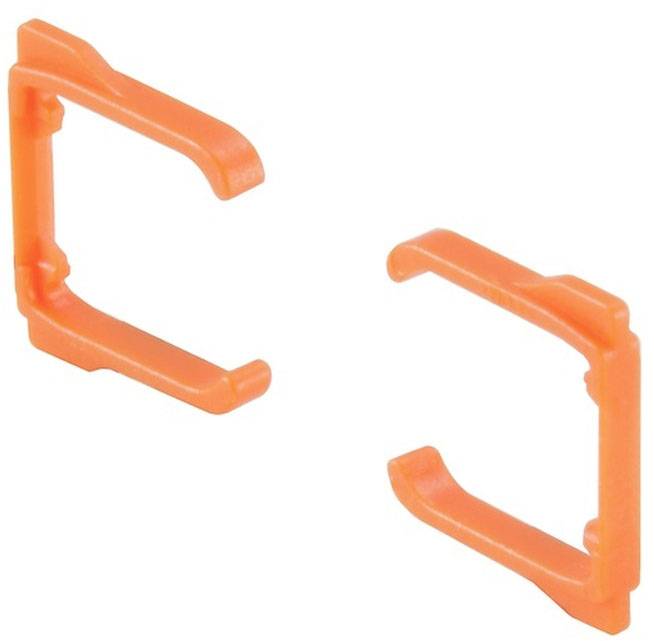 Zwei orangefarbene Kunststoffclips in C-Form, die möglicherweise zum Halten oder Befestigen von Objekten verwendet werden.