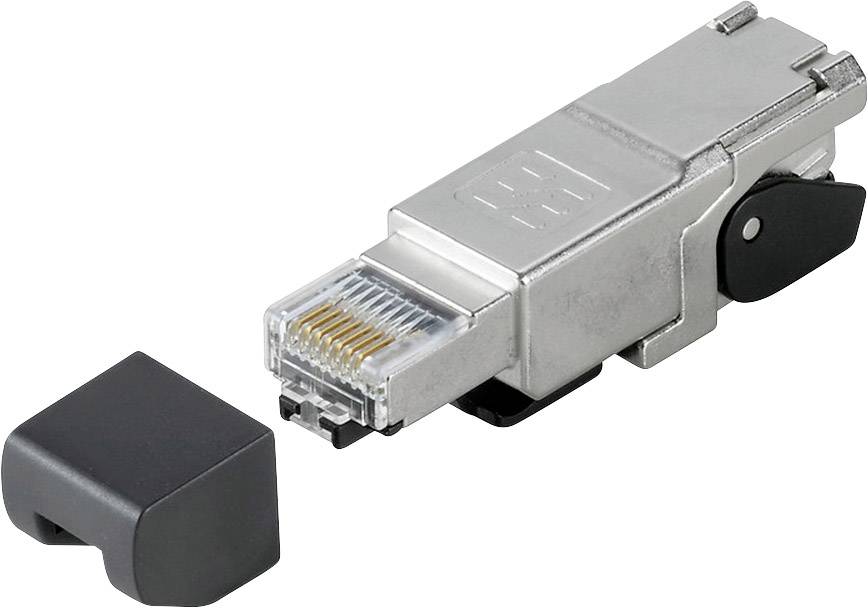 Metallischer RJ45-Stecker mit abnehmbarem schwarzen Schutzcover, gezeigt in Nahaufnahme. Der Stecker ist geeignet für Ethernet-Verbindungen.