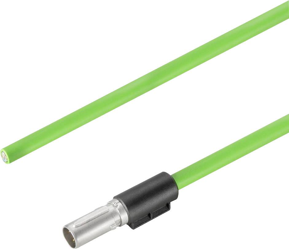 Grünes, elektrisches Anschlusskabel mit einem grauen und schwarzen Stecker am Ende.
