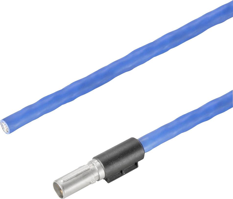 Ein blaues Kabel mit einer Metallsteckverbindung an einem Ende, geeignet zum Verbinden elektronischer Geräte.